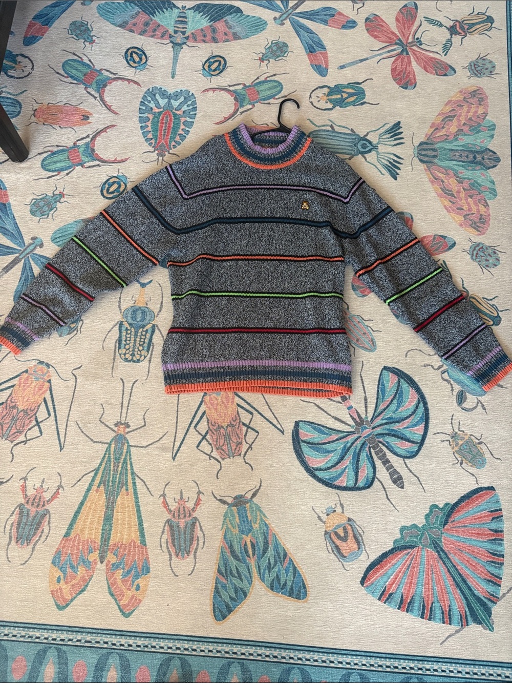 Teddy Fresh Gray Crewneck Sweater with Multicolor Stripe Accents
